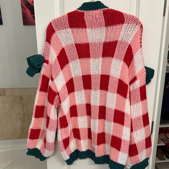 BiBi Red and Pink Checkered Cardigan with Green Trim - Picture 5 of 5